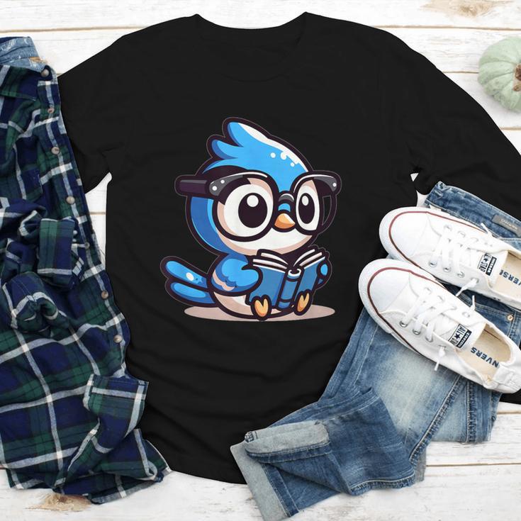 Adorable Book Lover Blue Jay With Reading Glasses Cute Youth Long Sleeve Tee