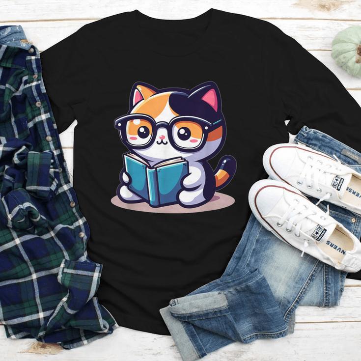 Adorable Book Lover Calico Cat With Reading Glasses Cute For Men Women Kids Youth Long Sleeve Tee