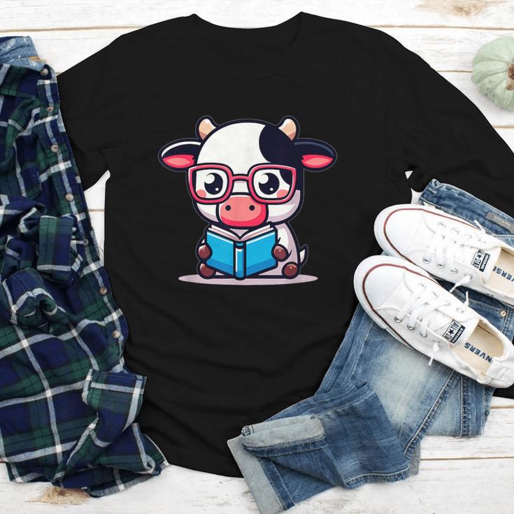 Adorable Book Lover Cow With Reading Glasses Cute Youth Long Sleeve Tee