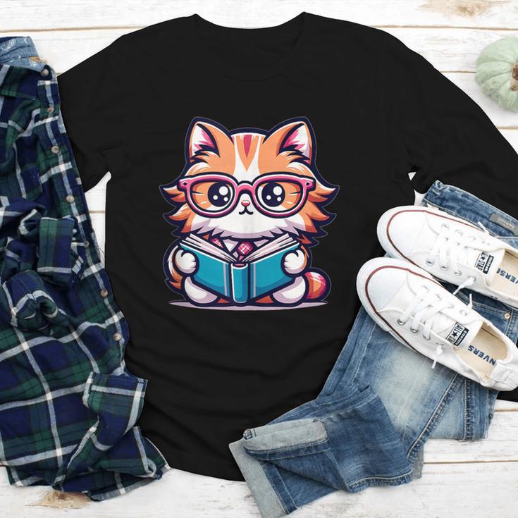 Adorable Book Lover Maine Coon Cat With Reading Glasses Cute Youth Long Sleeve Tee