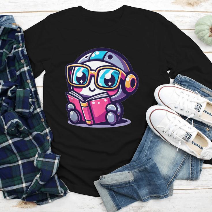 Adorable Book Lover Robot With Reading Glasses Cute Youth Long Sleeve Tee