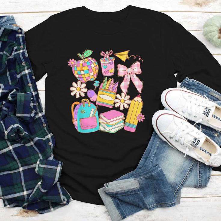Apple Disco Pencil Books Bow Teacher Student Back To School Youth Long Sleeve Tee