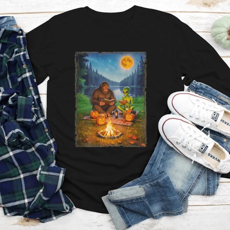 Bigfoot And Alien Reading Books Campfire Halloween Youth Long Sleeve Tee