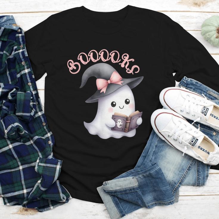 Boo Ghost Books Coquette Bow Halloween Women School Teacher Youth Long Sleeve Tee