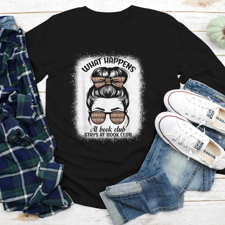 Book Lover What Happens At Book Club Stays Messy Bun Girls Youth Long Sleeve Tee