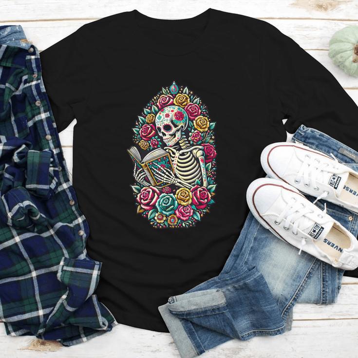 Book Lover Skeleton Reading With Dia De Los Muertos Flowers Youth Long Sleeve Tee