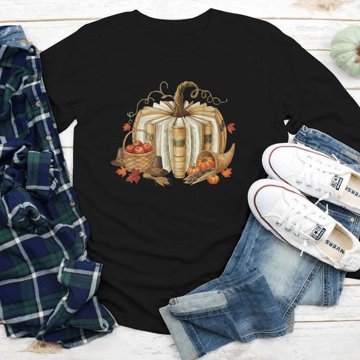 Book Pumpkin Fall Reading Thanksgiving Teacher Librarian Youth Long Sleeve Tee