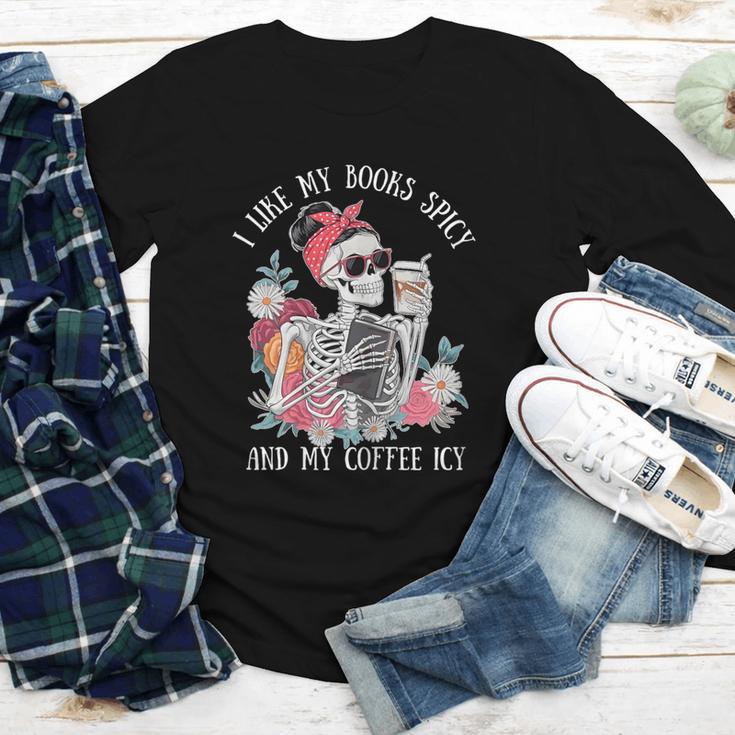 I Like My Books Spicy And My Coffee ICY Skeleton Women Youth Long Sleeve Tee