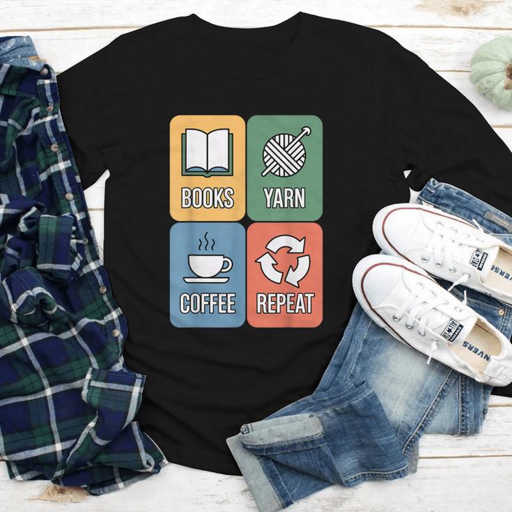 Books Yarn Coffee Repeat Crocheting Youth Long Sleeve Tee