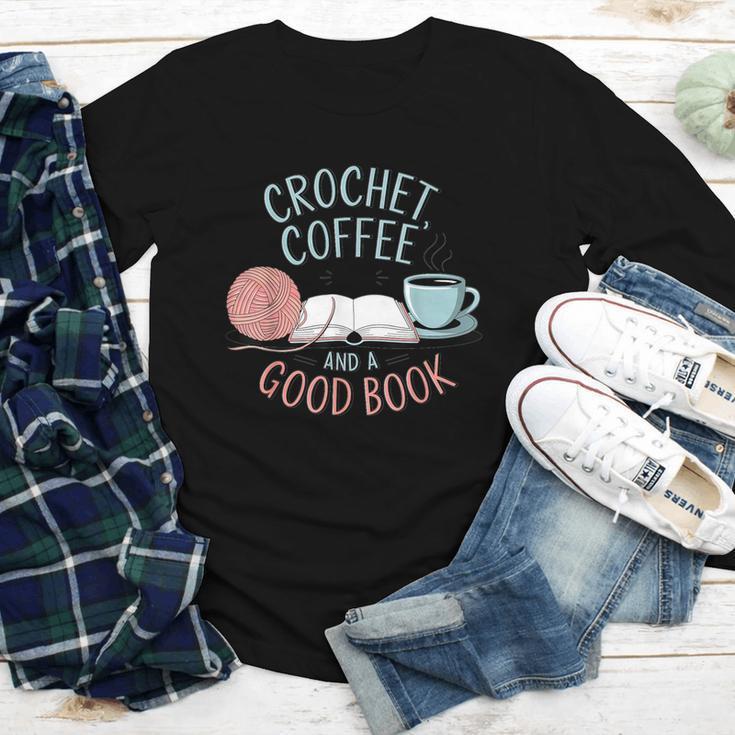 Coffee Crochet Good Book Bookish Yarn Crafter Youth Long Sleeve Tee