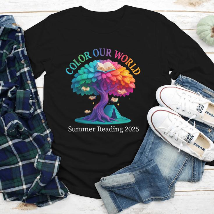 Color Our World Summer Reading 2025 Tree Book Lover Camping Youth Long Sleeve Tee