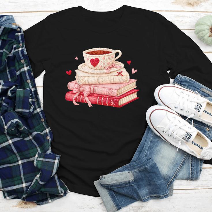Cute Books And Coffee Crochet Valentines Day Tee For Couples Youth Long Sleeve Tee