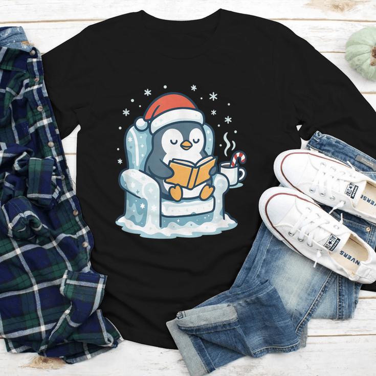 Cute Christmas Penguin Reading Book Cozy Winter Holiday Art Youth Long Sleeve Tee