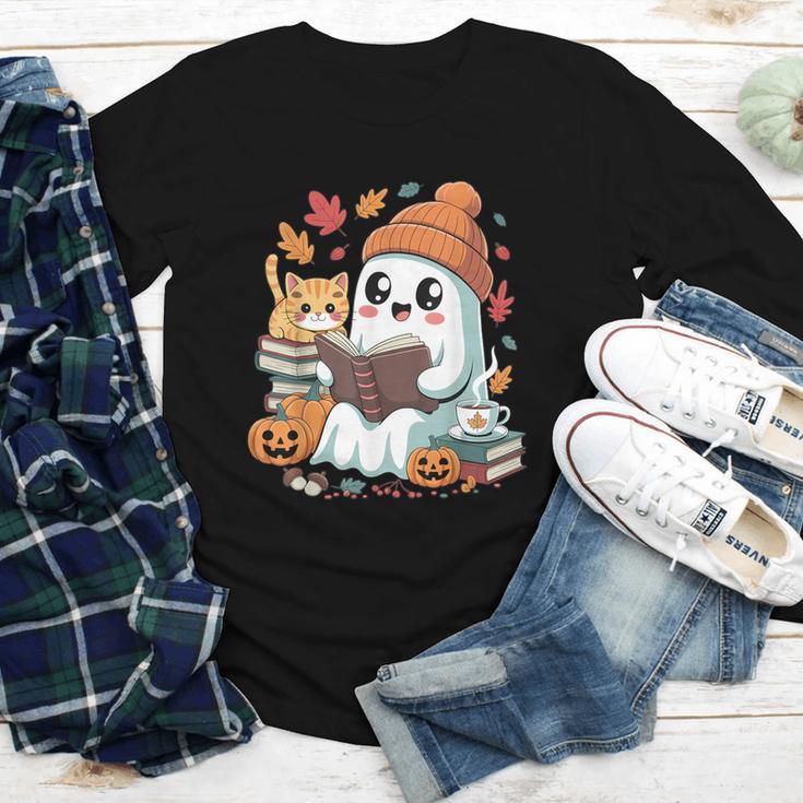 Cute Cozy Ghost Reading With Cat Book Lover Autumn Fall Youth Long Sleeve Tee Cute Cozy Ghost Reading With Cat Book Lover Autumn Fall Youth Long Sleeve Tee