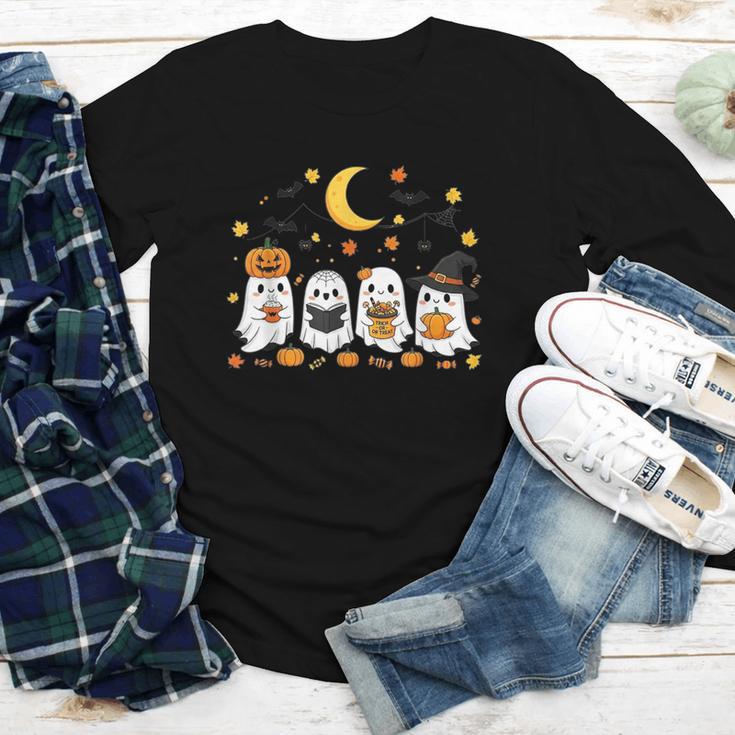 Cute Ghost Drinking Coffee Halloween Fall Ghost Book Reading Youth Long Sleeve Tee