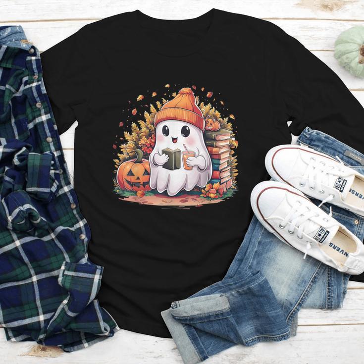 Cute Ghost Drinking Coffee Halloween Reading Book Retro Youth Long Sleeve Tee