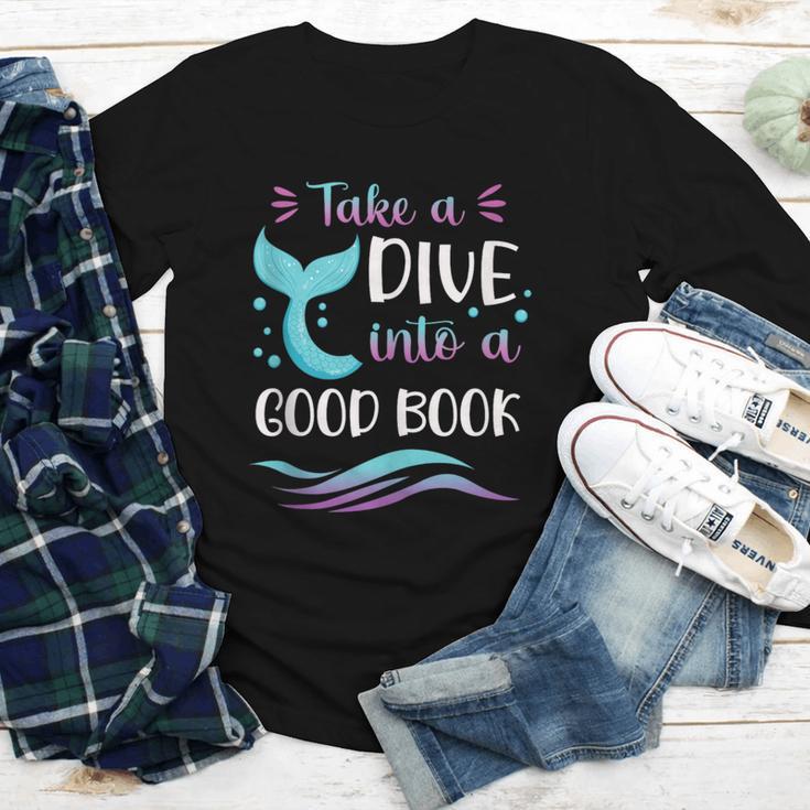 Cute Mermaid Librarian Teacher Dive Into A Good Book Reading Youth Long Sleeve Tee