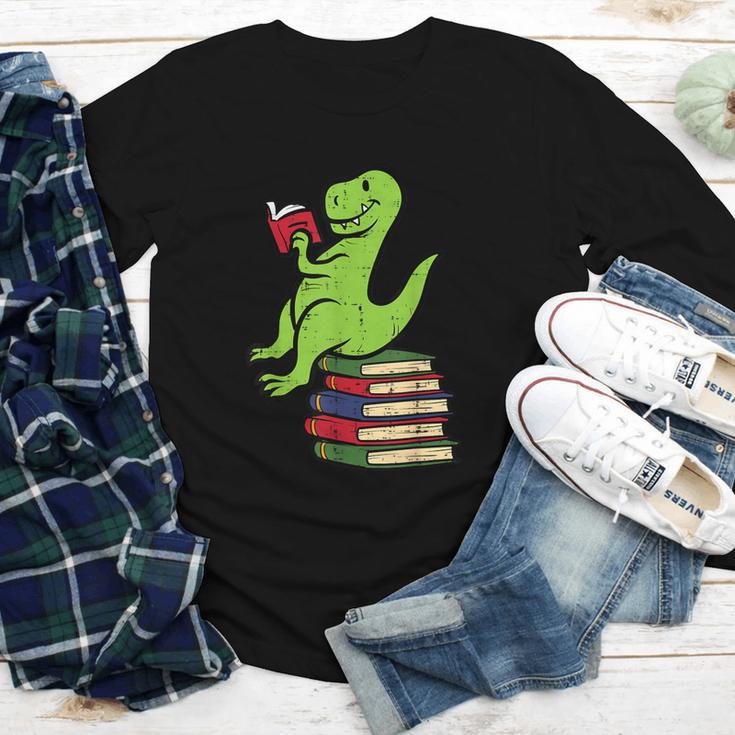 Dino Reading Read Reading Librarian Book Men Boys Kids Youth Long Sleeve Tee