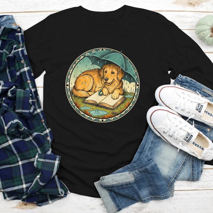 Dog Reading Book Rain Cozy Umbrella Cute Art Men Youth Long Sleeve Tee