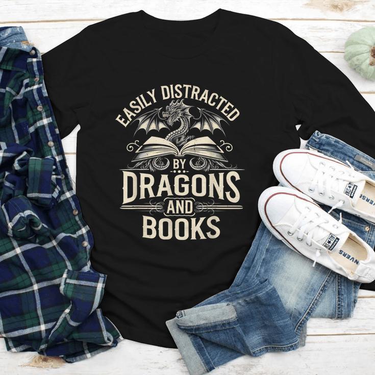 Easily Distracted By Books & Dragons Bookworm Reading Youth Long Sleeve Tee