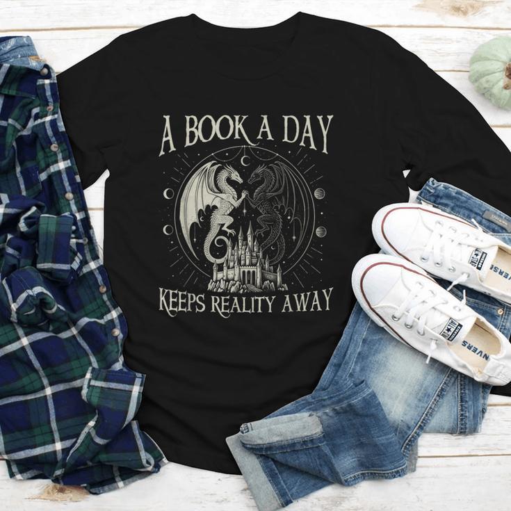 Fantasy Book Club Dragon Reader Book A Day Keep Reality Away Youth Long Sleeve Tee