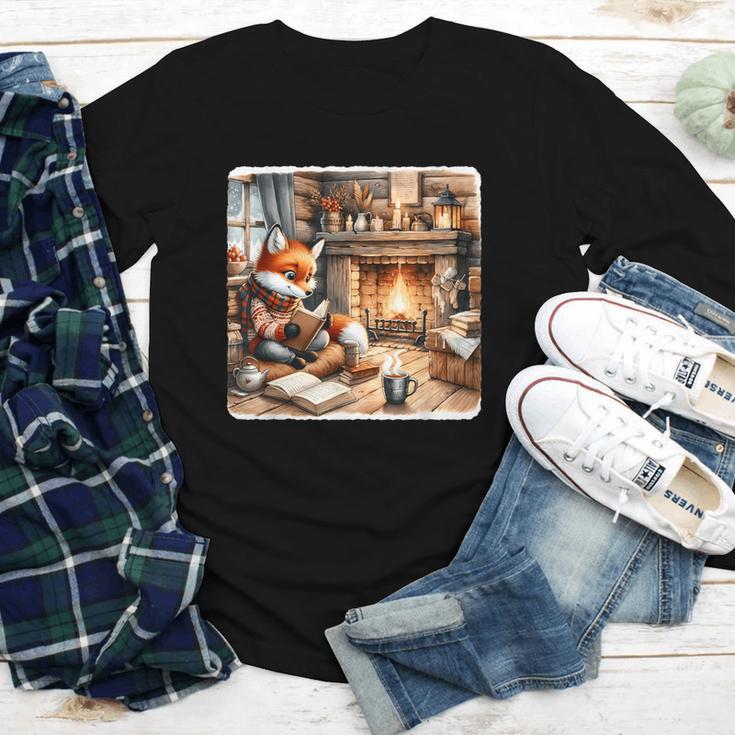 Fox Reads By Fireplace In Cabin Rustic Book Cozy Cup Tea Youth Long Sleeve Tee