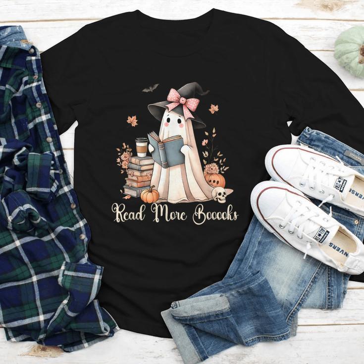 Ghost Reading Book Coquette Bow Halloween Girl Kid Teacher Youth Long Sleeve Tee
