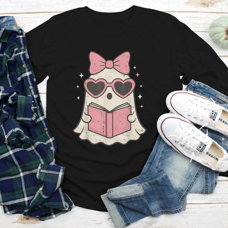 Ghost Reading Book Halloween Cat Lover Youth Long Sleeve Tee