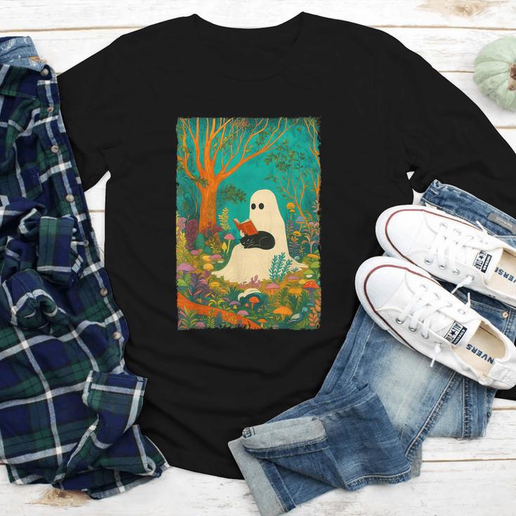 Groovy Ghost Reading Book Cat Halloween Ghost Teacher Youth Long Sleeve Tee