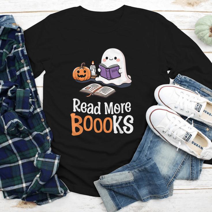 Halloween Teacher Women Cute Reading Ghost Read More Books Youth Long Sleeve Tee