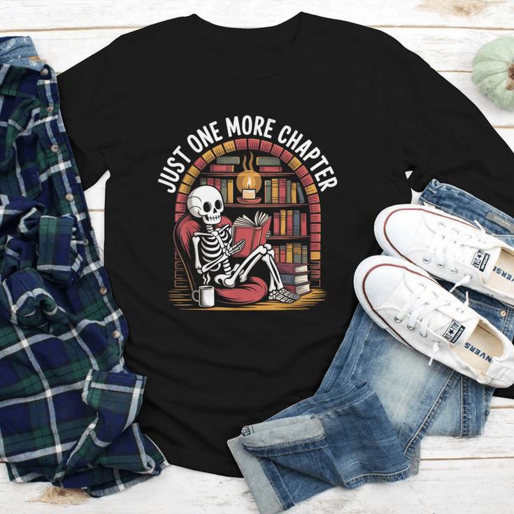 Just One More Chapter Skeleton Reading Cozy Books Youth Long Sleeve Tee