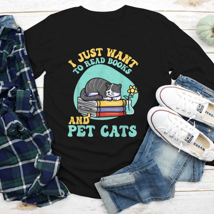I Just Want To Read Books And Pet Cats Cat Book Lovers Youth Long Sleeve Tee