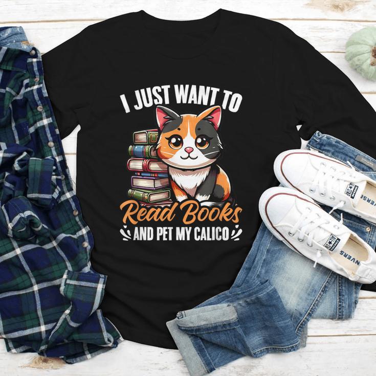 Kawaii Feline Book Reading Read Books Pet My Calico Cat Men Women Youth Long Sleeve Tee