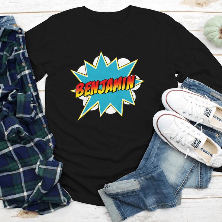 Kids Boys Benjamin Name Personalized Superhero Comic Book Youth Long Sleeve Tee