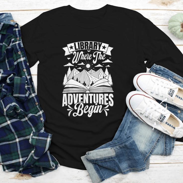 Library Where The Adventures Begin Librarian Book Readers Youth Long Sleeve Tee
