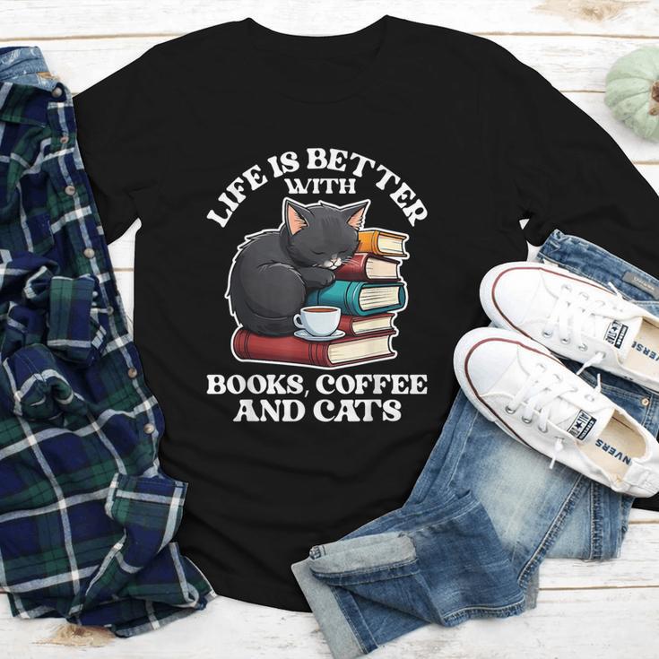 Life Is Better With Books Cats & Coffee Librarian Book Lover Youth Long Sleeve Tee