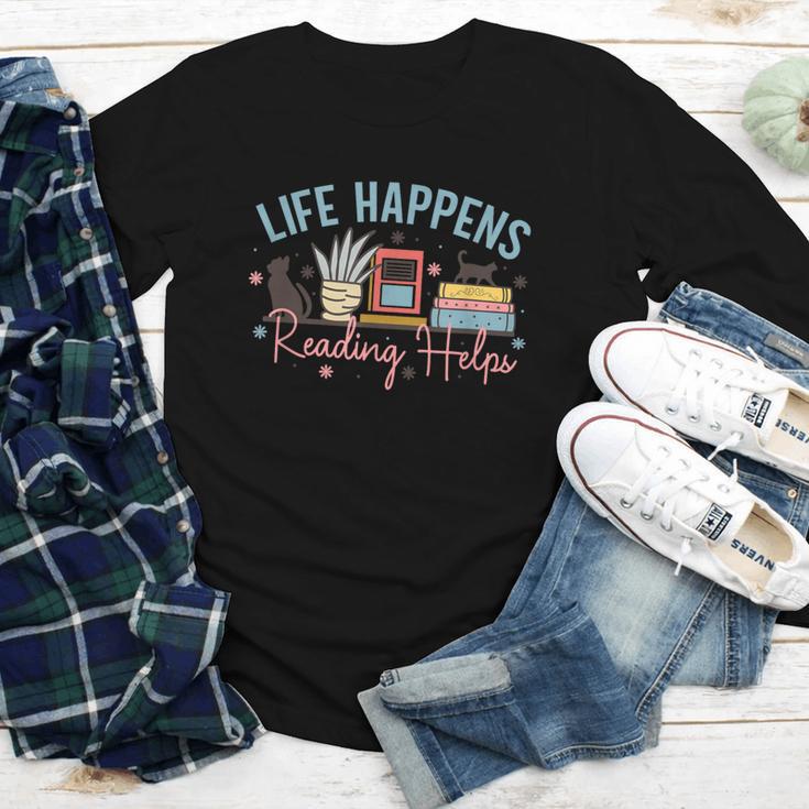 Life Happens Reading Helps Loves To Read Books Cats Youth Long Sleeve Tee