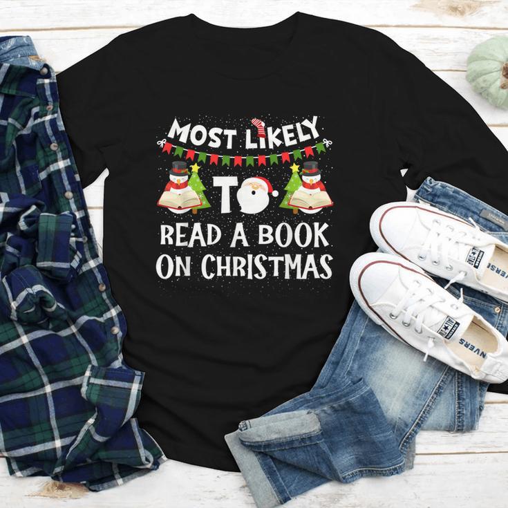 Most Likely To Read A Book On Christmas Snowman Family Youth Long Sleeve Tee