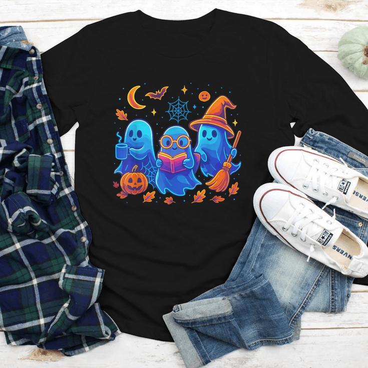 Little Ghost Coffee Tee Spooky Season Ghost Reading Book Youth Long Sleeve Tee