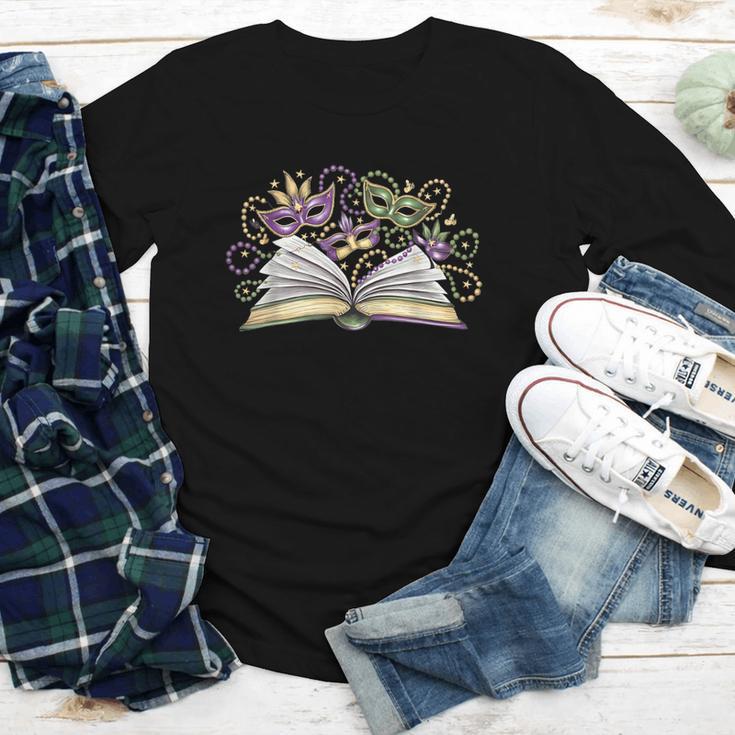Mardi Gras Book Librarian Author Purple Beads Youth Long Sleeve Tee
