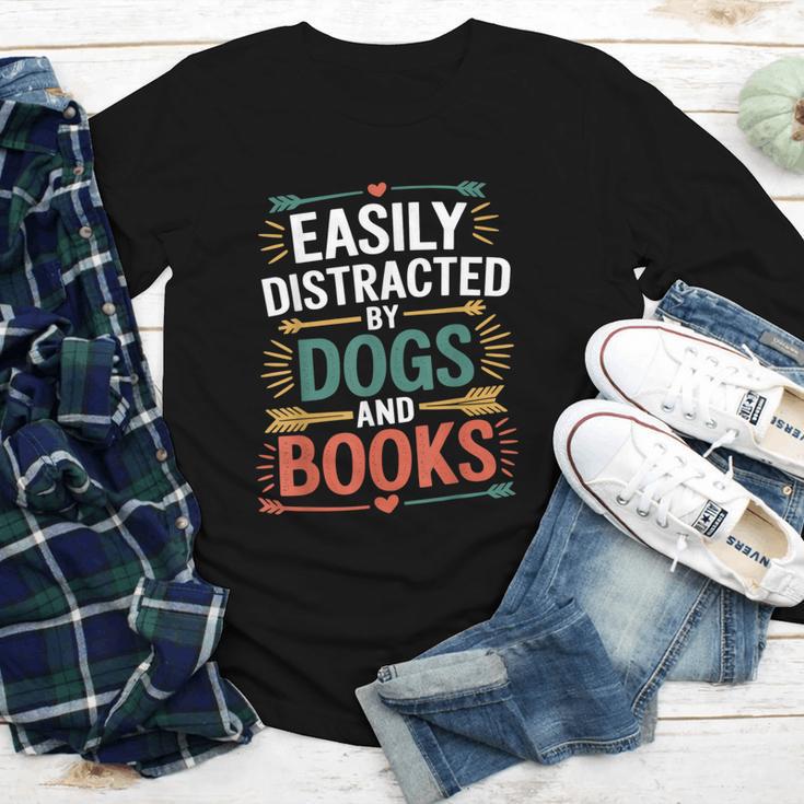 Pet Lover Joke Easily Distracted By Dogs And Books Men Youth Long Sleeve Tee