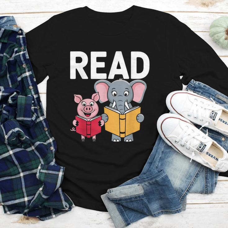 Pig Elephant Reading Cute Book Lover Bookworm Boys Girls Kid Youth Long Sleeve Tee