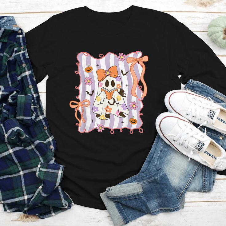 Preppy Coquette Bow Ghost Reading Books Halloween Book Youth Long Sleeve Tee