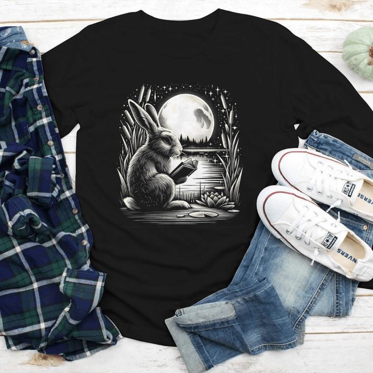 Rabbit Reading Book Full Moon Lake Scenery Youth Long Sleeve Tee