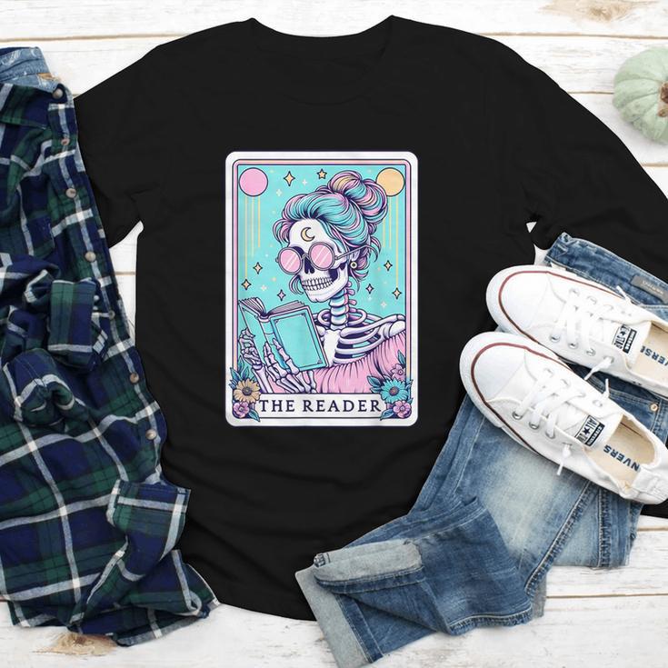 The Reader Retro Reading Skeleton Books Flowers Tarot Card Youth Long Sleeve Tee