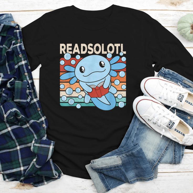 Readsolotl Blue Kawaii Axolotl Book Lover Reading Retro Youth Long Sleeve Tee