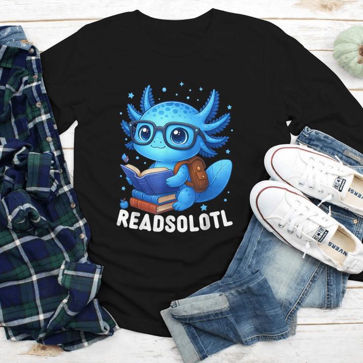 Readsolotl Blue Kawaii Axolotl Book Lover Reading Youth Long Sleeve Tee