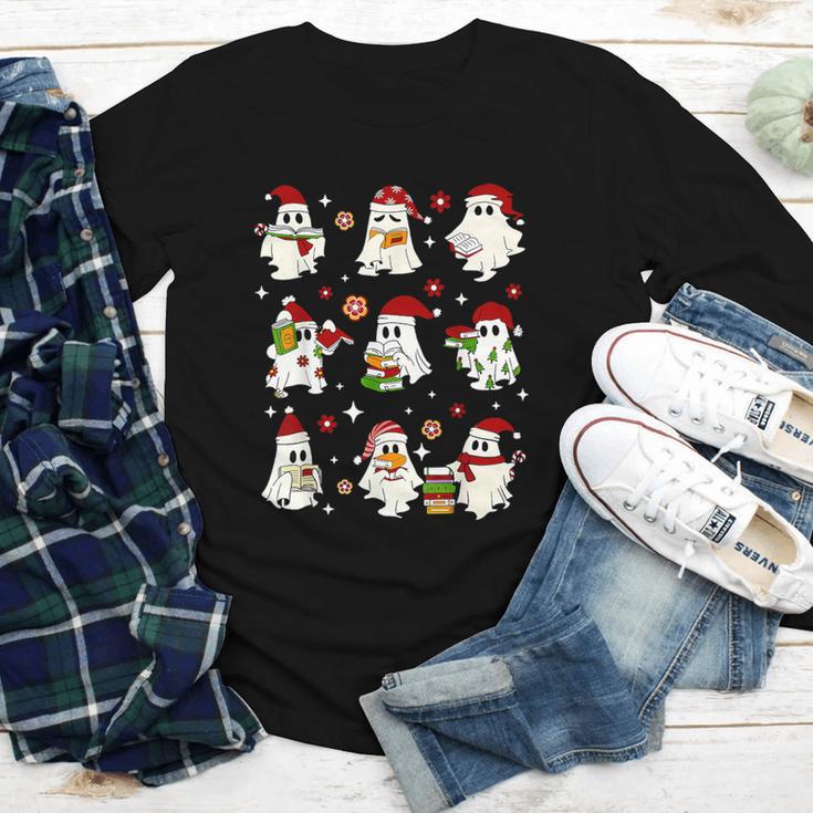Santa Ghost Reading Books Christmas Library Teacher Youth Long Sleeve Tee