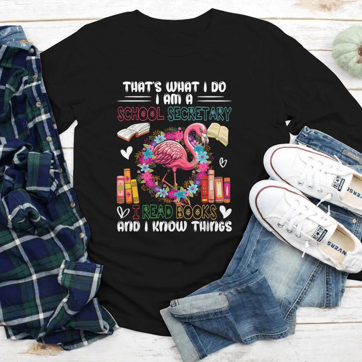 School Secretary Read Books And Know Things Flowers Flamingo Youth Long Sleeve Tee