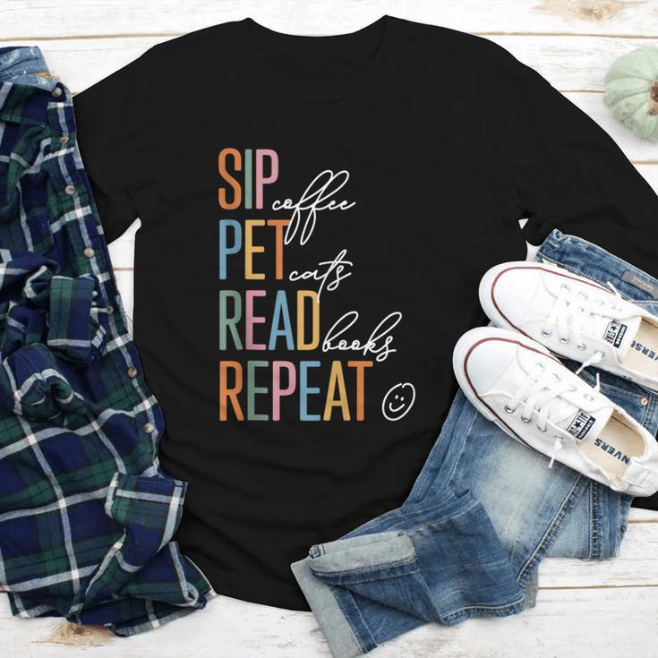 Sip Coffee Pet Cats Read Books Repeat Book Cat Lover Youth Long Sleeve Tee